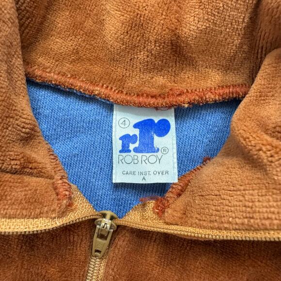Vintage 80s Velour 1/2 Zip Short Sleeve Top Size 4 Kids Brown Ivory Blue ROB ROY - Picture 3 of 4